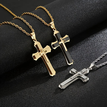 14K Gold Plated Men's Three-Layer Cross Necklace Hip Hop European Style Trendy Accessory Pendant Daily Jewelry Accessories USA