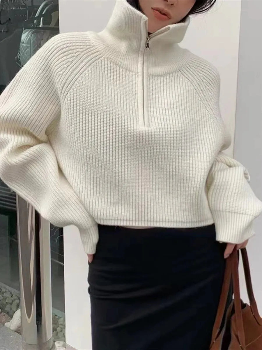 Quarter Zip Knit Sweater Cozy High Collar Long Sleeve Crop Jumper Pullover Women Teenage Girl Fall Winter