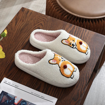 Plush Dog Slippers Fuzzy Indoor Slippers Anti Slip Closed Toe Slippers Comfortable Funny Corgi Dog Slippers for Indoor Bedroom