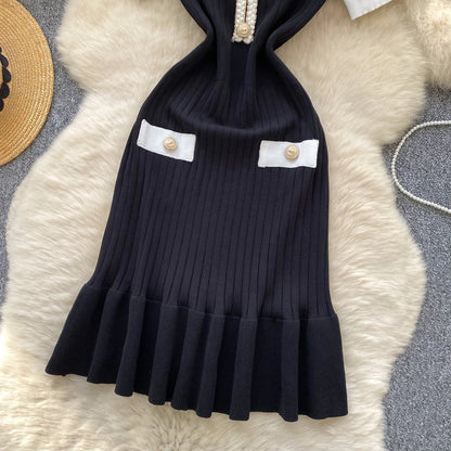 SINGREINY French Vintage Elegant Dress Women V Neck Buttons Elastic Waist Slim Fit Sundress Patchwork Mermaid Bodycon Dress