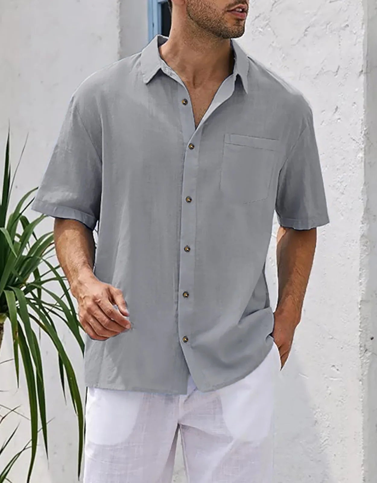 Men's Plus Size Short Sleeve Shirts Cotton Linen Henley Shirts Lightweight Vacation Collar Beach Shirts  Hawaiian T Shirt