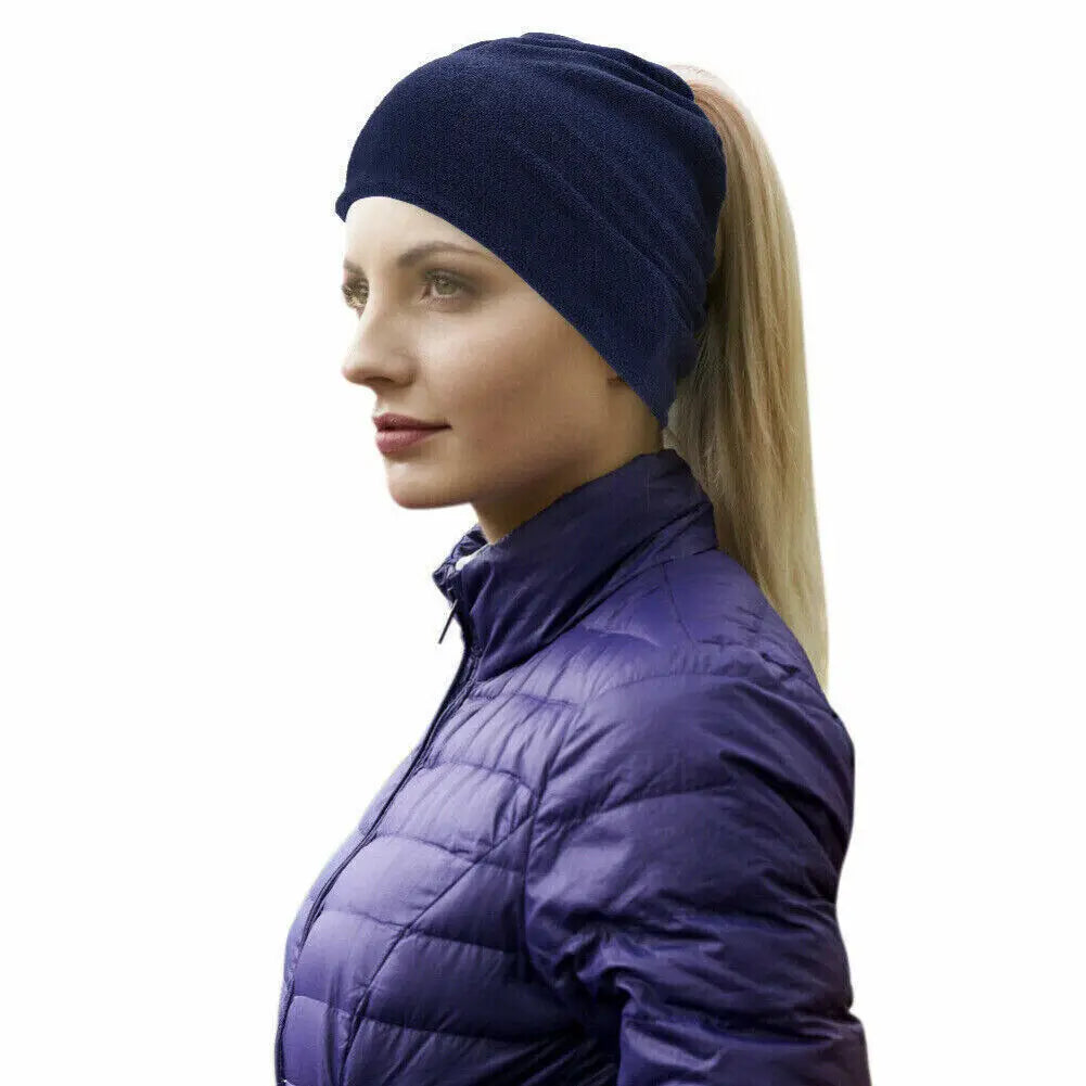 Winter Warmer Ponytail Skull Cap Windproof Thermal Fleece Beanie Hat Running Ski Outdoor Sports Cap with Ear Cover for Men Women