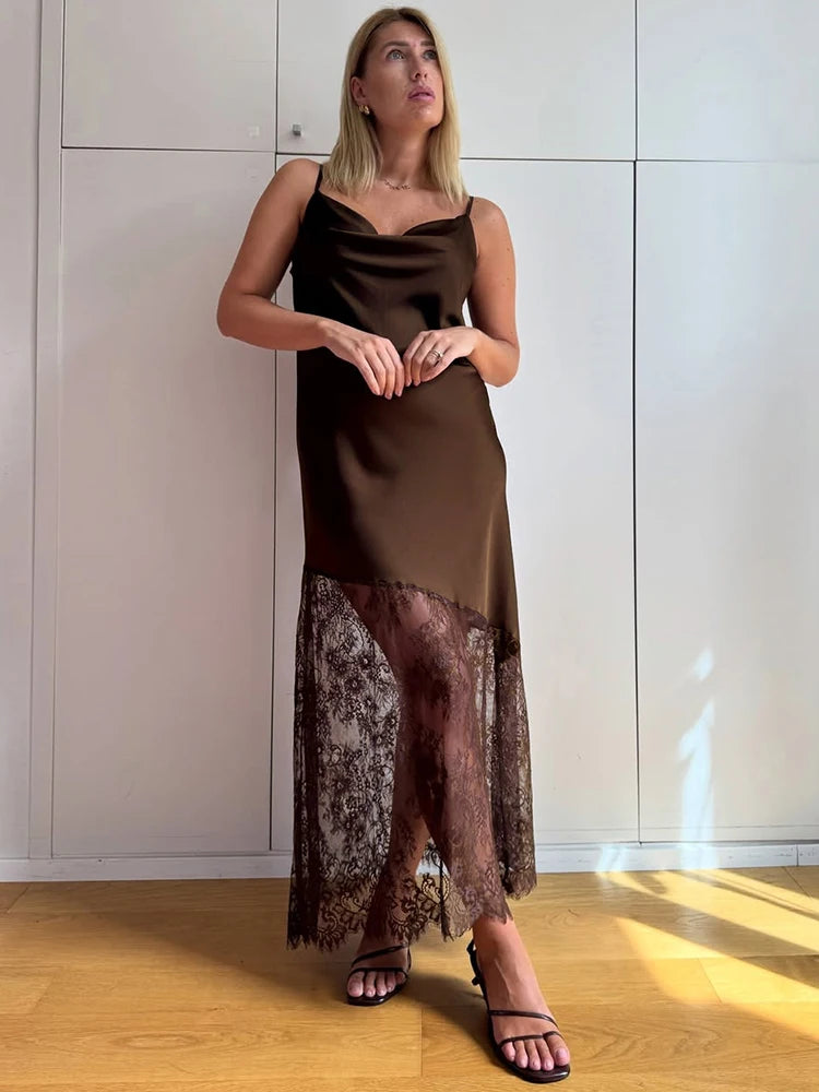 Tuularose Fashion Lace Long Dress Women's New Sexy V-Neck Lace Satin Patchwork Halter Dress Elegant Luxury Vintage Party Dresses