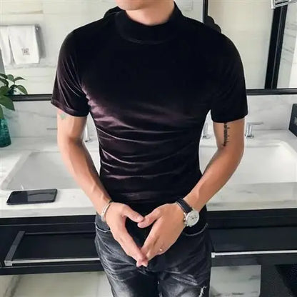 Fashion Men's Autumn Winter Luxury Clothing Heat Keep Warm Casual T-Shirt Mock Neck Tops Stripe Long Sleeve Gold Velvet T-Shirts