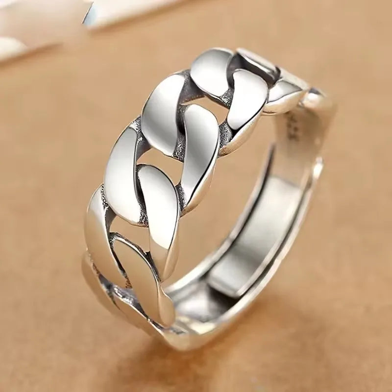Sam Panda 925 Sterling Silver Rings For Women Men Fine Jewelry Finger Adjustable Open Vintage Chain Ring For Party Birthday Gift