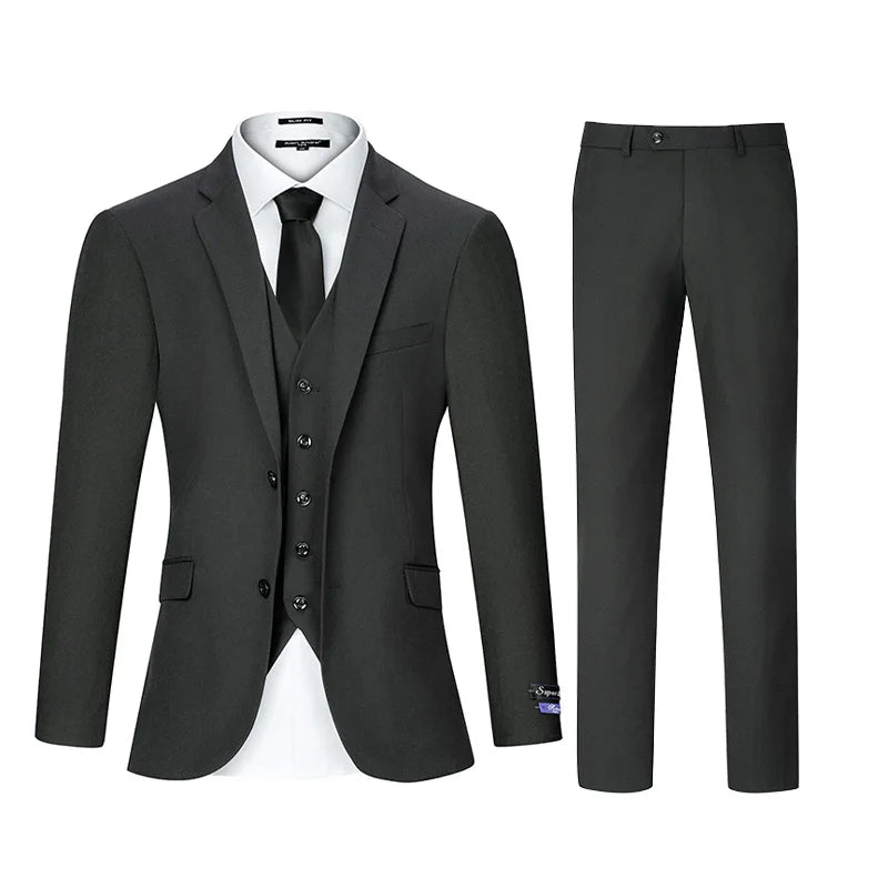 3pcs Men's Classic Solid Color Suit Set Long Sleeve Blazer with Button Details Non-Stretch Fabric Regular Fit for All Seasons