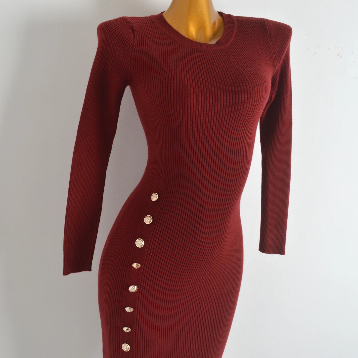 Spring Autumn Knitted Elastic Waist Dress Coat Design Button round Neck Bodycon Skirt Casual Style Long Sleeve Women's Dress