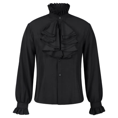 2026 Black&White Vintage Court-Style Stand Collar Ruffled Shirts for Men,Gothic Pleated Cuffs Glamorous Pirate-Style Men's Shirt