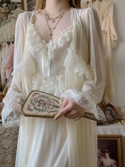 French Sweet Vintage Dress Suits Women Autumn Lace Sexy Casual 2 Piece Sets Office Lady Outifts Chiffon Elegant Strap Dresses