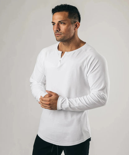 Men Muscle Shirt Long Sleeve T-shirt Solid Vintage Henley Shirts Sports Fitness Casual Cotton Stretch Thin V-neck Tee
