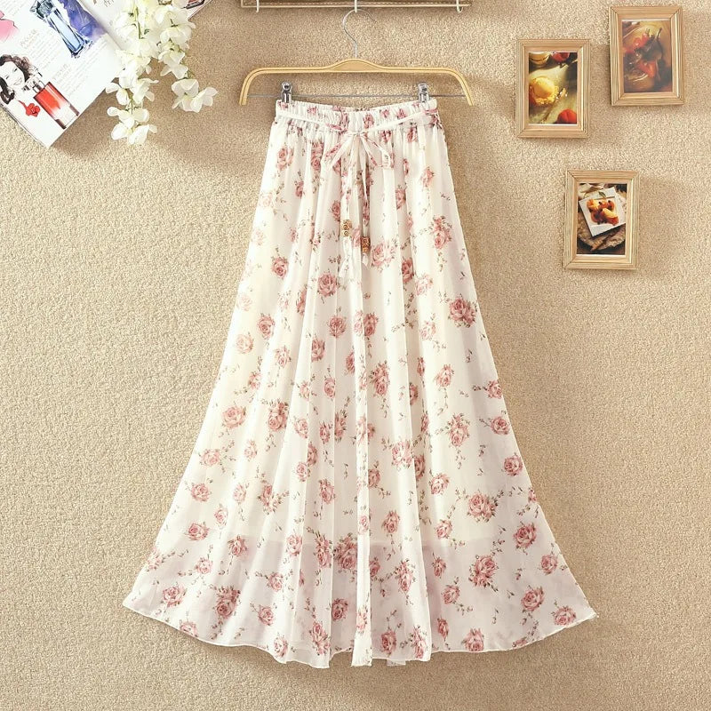 Elegant Chiffon Long Skirts For Women Autumn Casual Women's Floral Print Maxi Skirt Female High Waist Elastic A-Line Skirts