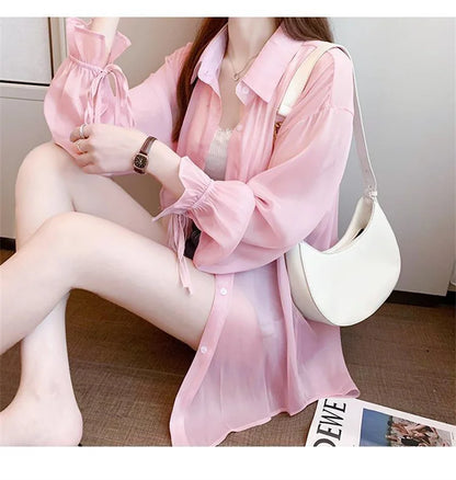 Chiffon Women Thin Shirts Summer Perspective Solid Korean Sun Shirt Long Sleeve Fashion Korean Ladies Top New Sunscreen Clothing