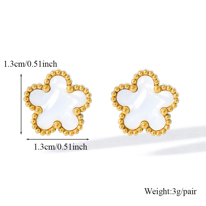 Stainless Steel White Plum Blossom Plant Leaf Flower Set Reversible Necklace Earrings Bracelet Women Clover Jewelry