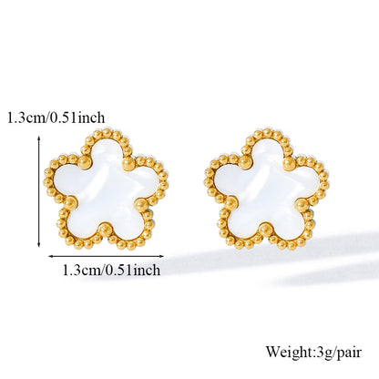 Stainless Steel White Plum Blossom Plant Leaf Flower Set Reversible Necklace Earrings Bracelet Women Clover Jewelry