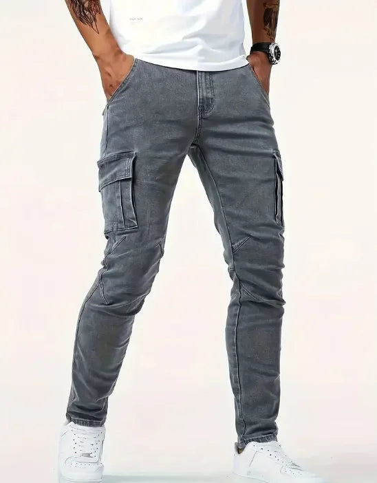 Men's workwear multi pocket jeans, casual street style straight leg denim pants
