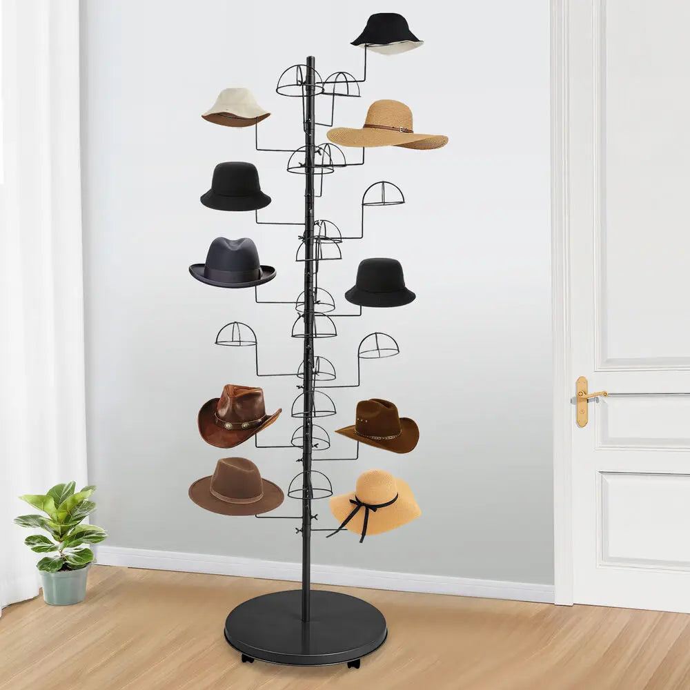 Metal Hat Display Stand Hat Storage Stand Black Freestanding Hat Rack w/25 Hooks
