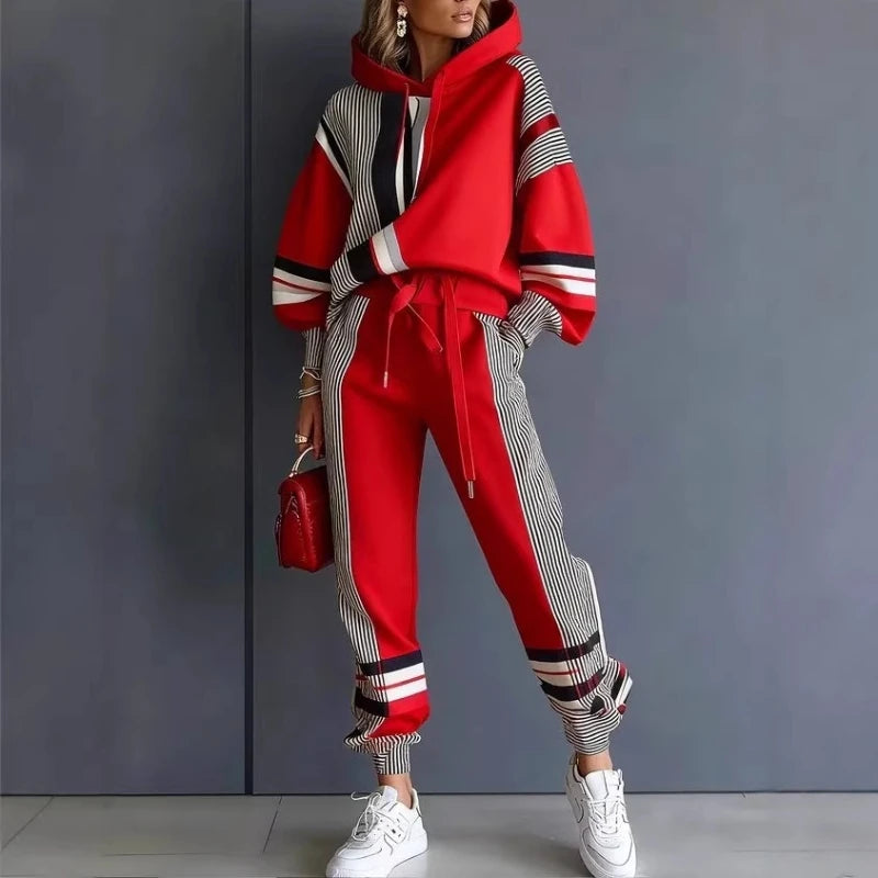 2026 Spring Plus Size Pant Sets American Stripe Round Ne Sweatirt Pants Set Women's Casual Spor Two-Piece Winter Loose Fit Faion
