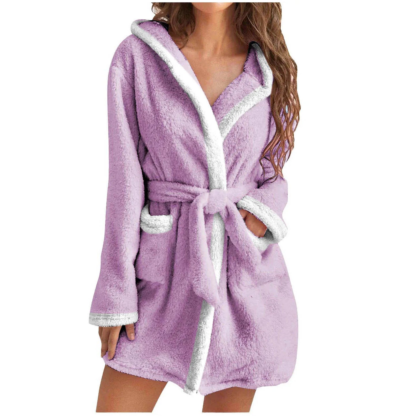 Women Coral Fleece Bathrobe Autumn And Winter Home Warm Sleepwear Casual Solid Color Matching Shower Robes Hooded Kimono Robe