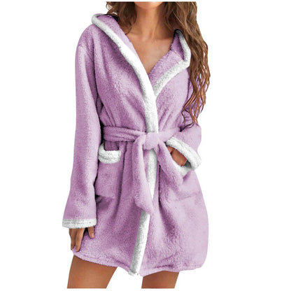Women Coral Fleece Bathrobe Autumn And Winter Home Warm Sleepwear Casual Solid Color Matching Shower Robes Hooded Kimono Robe