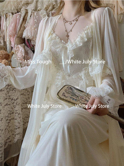 French Sweet Vintage Dress Suits Women Autumn Lace Sexy Casual 2 Piece Sets Office Lady Outifts Chiffon Elegant Strap Dresses
