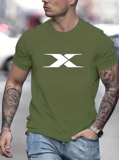 Summer men's 100% cotton casual loose fit large X letter print round neck short sleeved T-shirt top High Street Unisex style