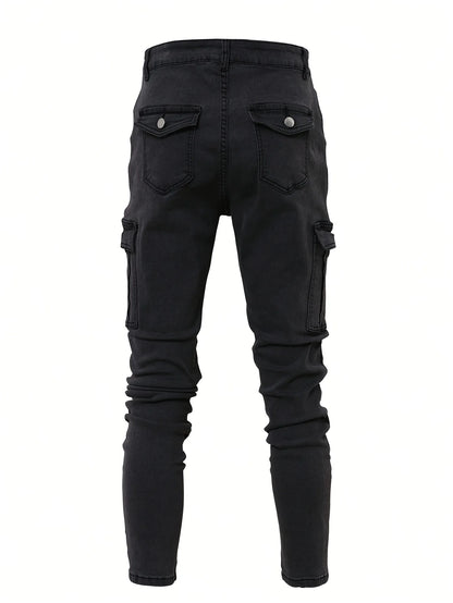 Men's workwear multi pocket jeans, casual street style straight leg denim pants