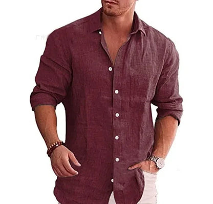 2025 new men's linen shirt loose plus size business casual long sleeved shirt breathable lapel quick drying plus size shirt
