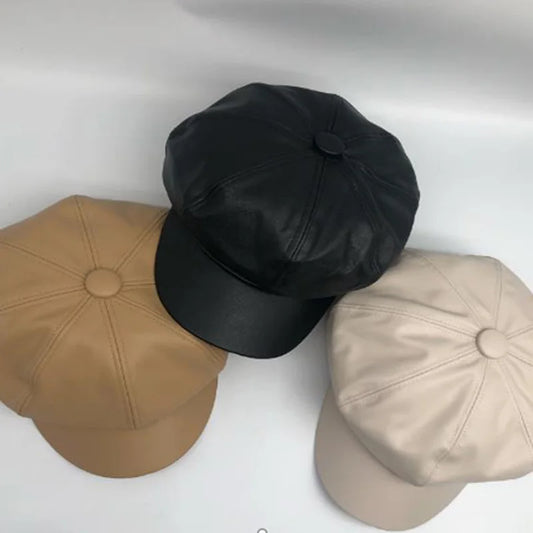 Vintage Style Wool Blend Newsboy Cap with Button Detail and PU Leather Visor for Women - Classic British Beret Hat