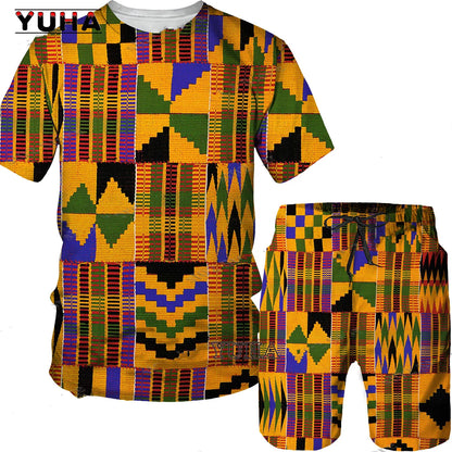 YUHA,3D Printed Men T-shirt Shorts Set 2pc Hip Hop Style Short Sleeve O-neck Summer African Folk-custom Pattern Men's Clothing S