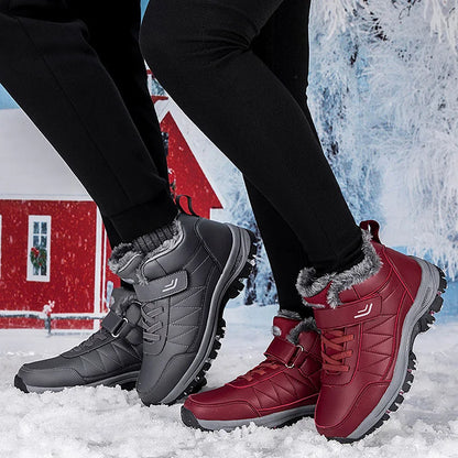 Winter Men Boots Leather Waterproof Outdoor Non-slip Hiking Shoes Unisex Men Women Warm Plush Ankle Boot Big Size 47 48