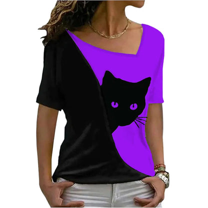2023 summer women clothes blouse new style inclined collar black cat print short sleeve T-shirt women