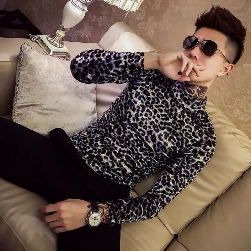 Fashion Men's Autumn Winter Luxury Clothing Heat Keep Warm Casual T-Shirt Mock Neck Tops Stripe Long Sleeve Gold Velvet T-Shirts