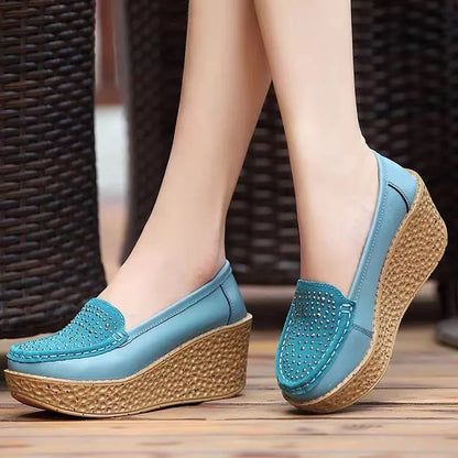 2025 Women Loafers Casual Wedges Shoes Slip on Platform Women's Middle-aged Mom Shoes Pu Leather Solid Moccasins Flats for Women
