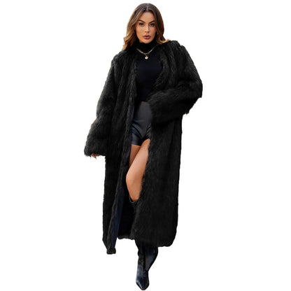 Winter Faux Fur Long Coat For Women Warm Plush Jackets Casual Open Front Long Sleeve Outerwear Elegant High End Ladies Windbreak