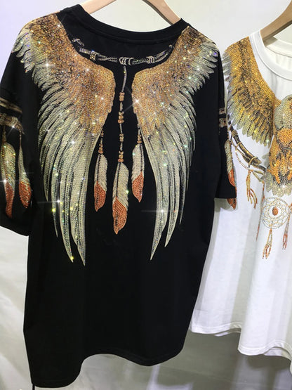 Plus Size Graphic Tees for Women Eagle Rhinestone Printed Tops Loose Fit T Shirts Short Sleeve Oversized Streetwear