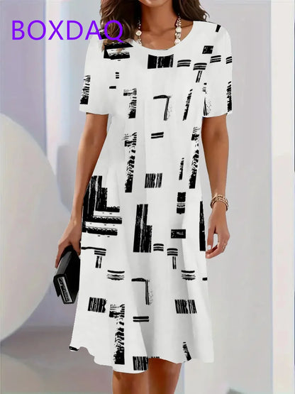 Geometric Stripe Printing Dress For Women Summer Sundress Loose Casual Short Sleeve O-Neck A-Line Dress Women Beach Mini Dresses