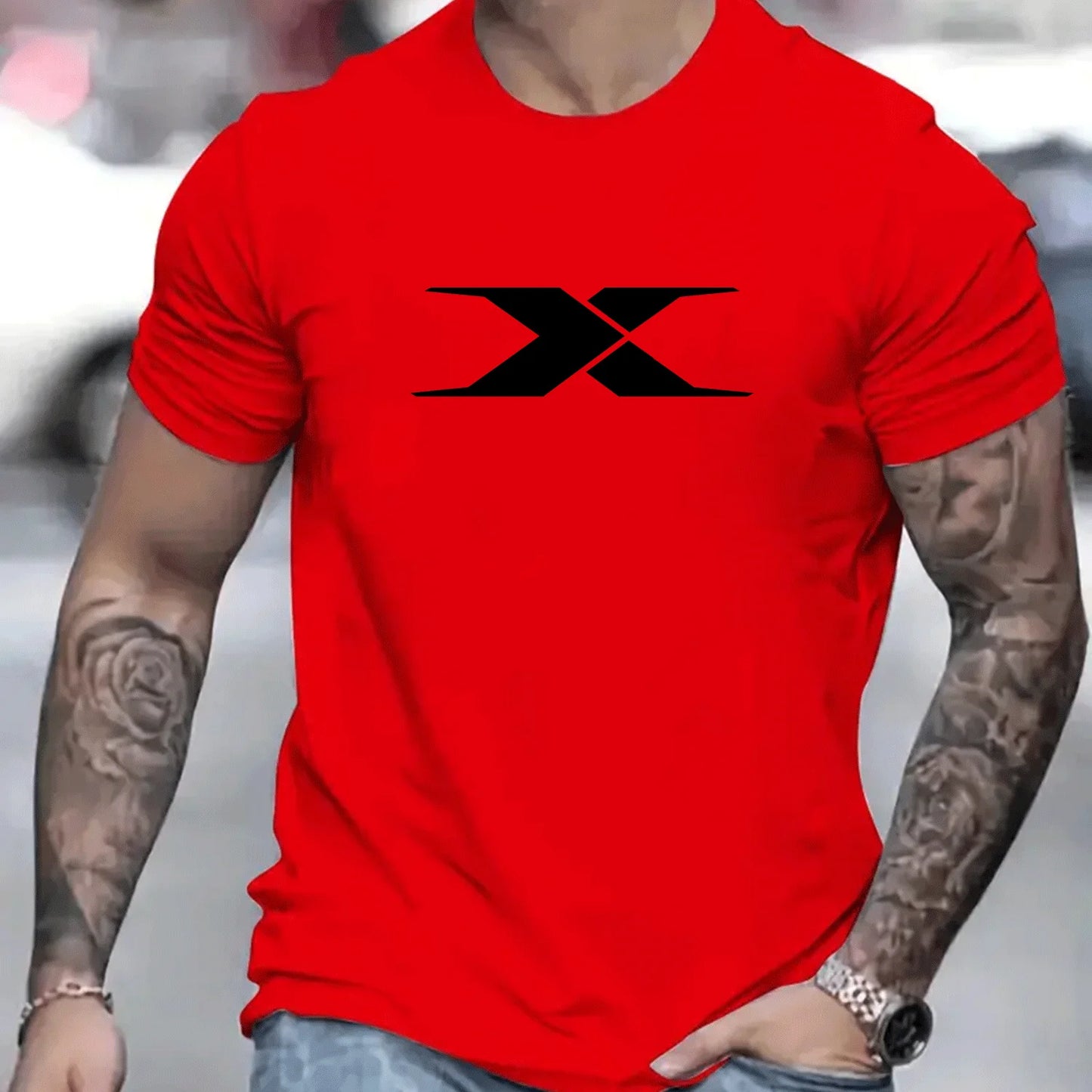 Summer men's 100% cotton casual loose fit large X letter print round neck short sleeved T-shirt top High Street Unisex style