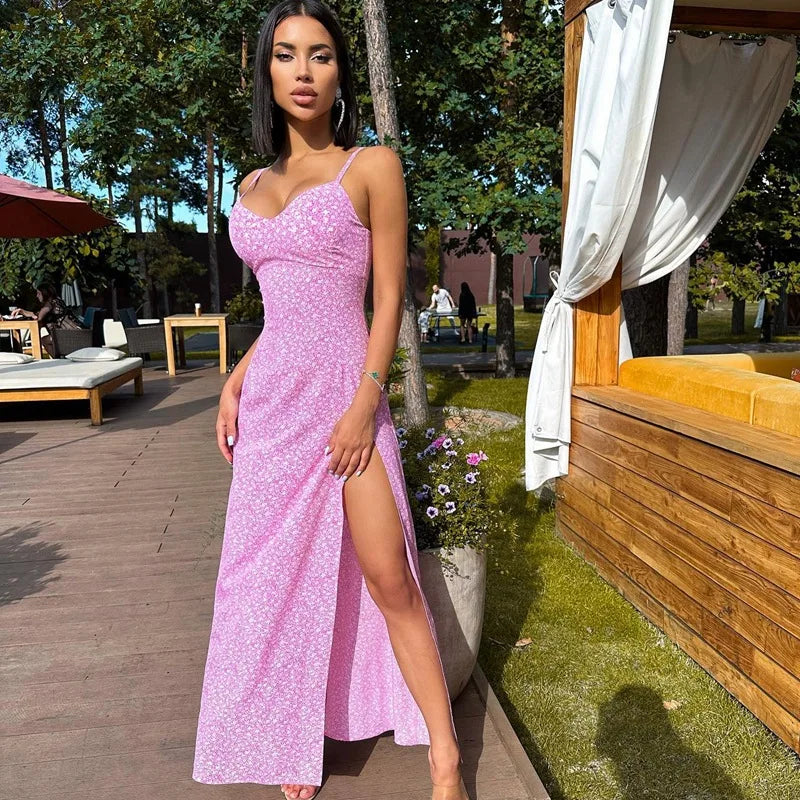 ITOOLIN Women Sexy Split Maxi Dress Floral Printed Sleeveless Beach Party Dress Spaghetti Zip Club Dress Elegant Vestidos Summer