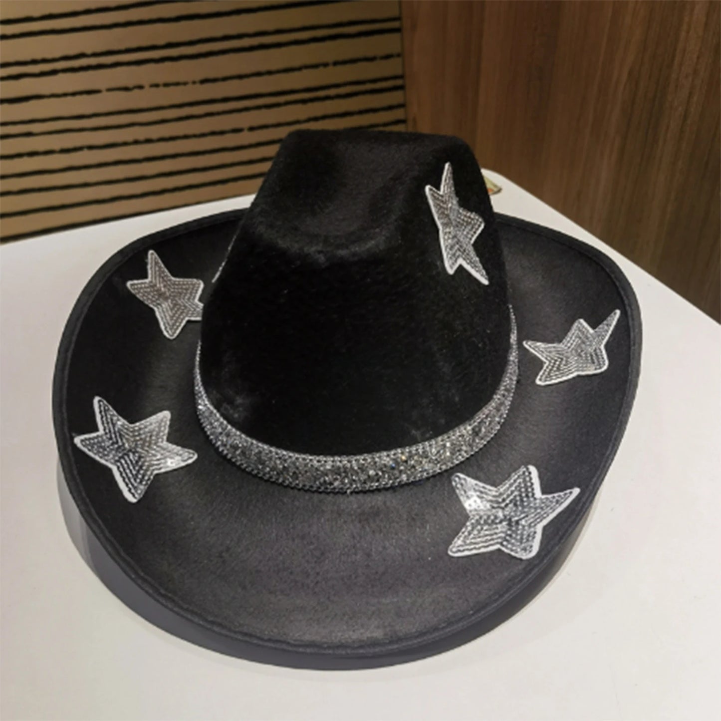 Women Glitter Cowboy Hat with Sequin Stars and Wide Brim Stylish Western Beach Hat for Wedding Carnival Rave Party and