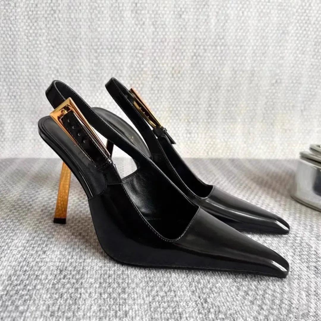 Patent leather high heels Women 2024 new gold with one-line sandals pointy skinny heels party women's shoes