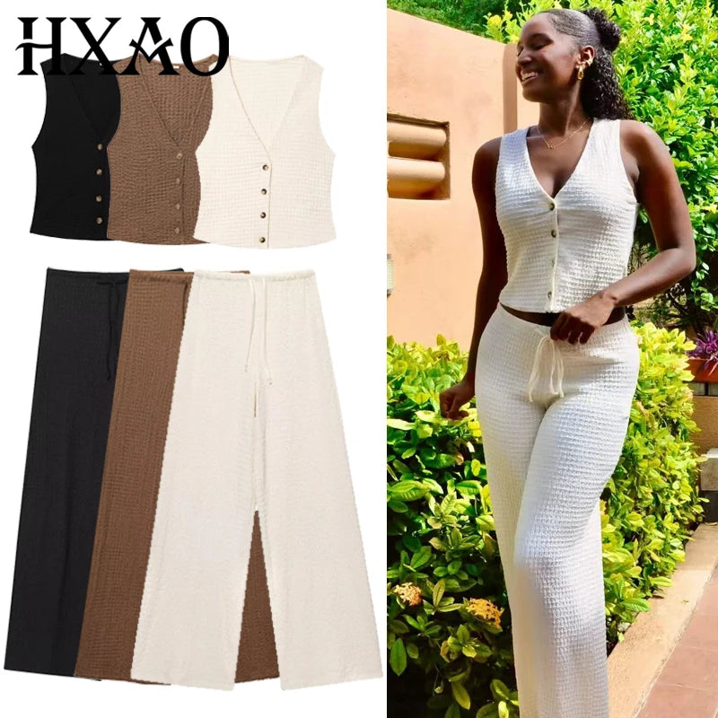 HXAO Textured Pant Sets Women's Two Pieces Set Crop V-Neck Sleeveless Vest 2 Piece Sets Woman Outfit Lace-Up Trousers Sets Suits