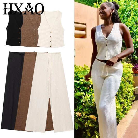 HXAO Textured Pant Sets Women's Two Pieces Set Crop V-Neck Sleeveless Vest 2 Piece Sets Woman Outfit Lace-Up Trousers Sets Suits
