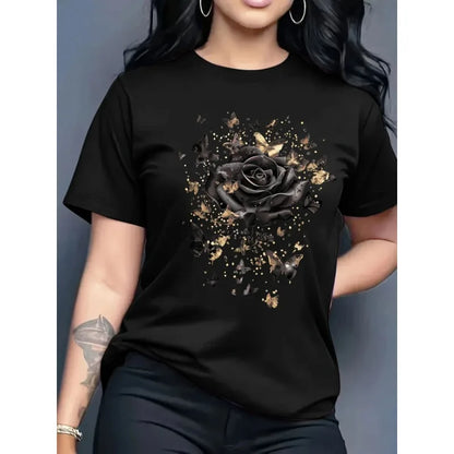 Women's Casual Short-sleeved Round Neck T-shirt - Bright Butterfly and Rose Pattern Print, Spring and Summer Women's T-shirt