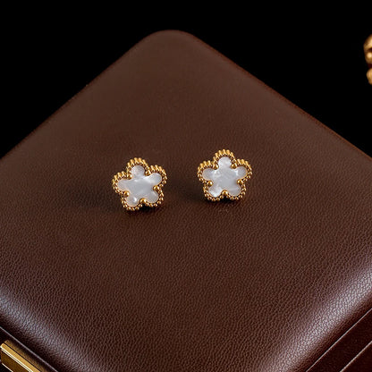 Stainless Steel White Plum Blossom Plant Leaf Flower Set Reversible Necklace Earrings Bracelet Women Clover Jewelry