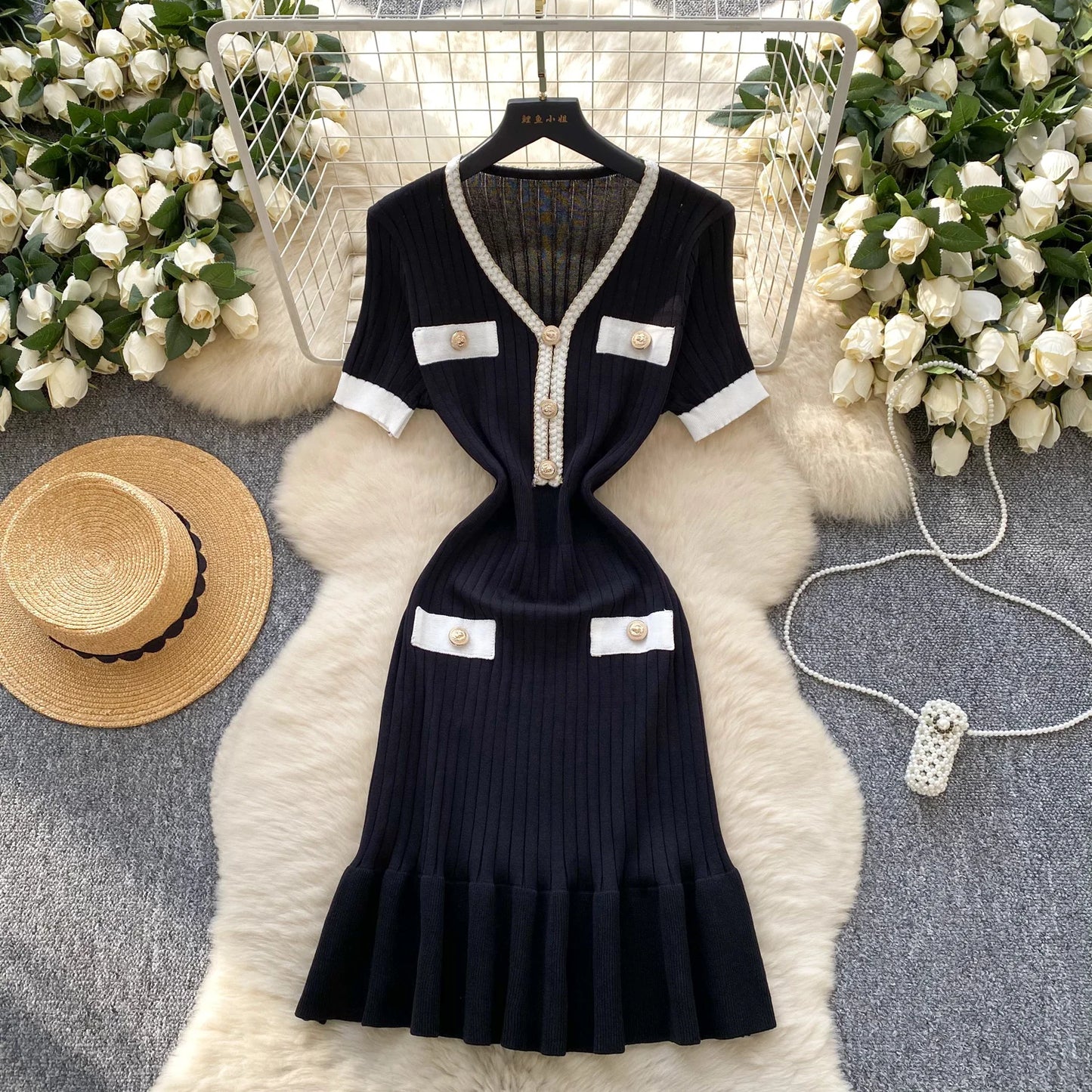 SINGREINY French Vintage Elegant Dress Women V Neck Buttons Elastic Waist Slim Fit Sundress Patchwork Mermaid Bodycon Dress