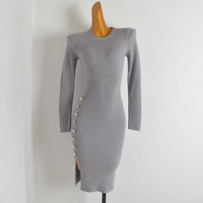 Spring Autumn Knitted Elastic Waist Dress Coat Design Button round Neck Bodycon Skirt Casual Style Long Sleeve Women's Dress