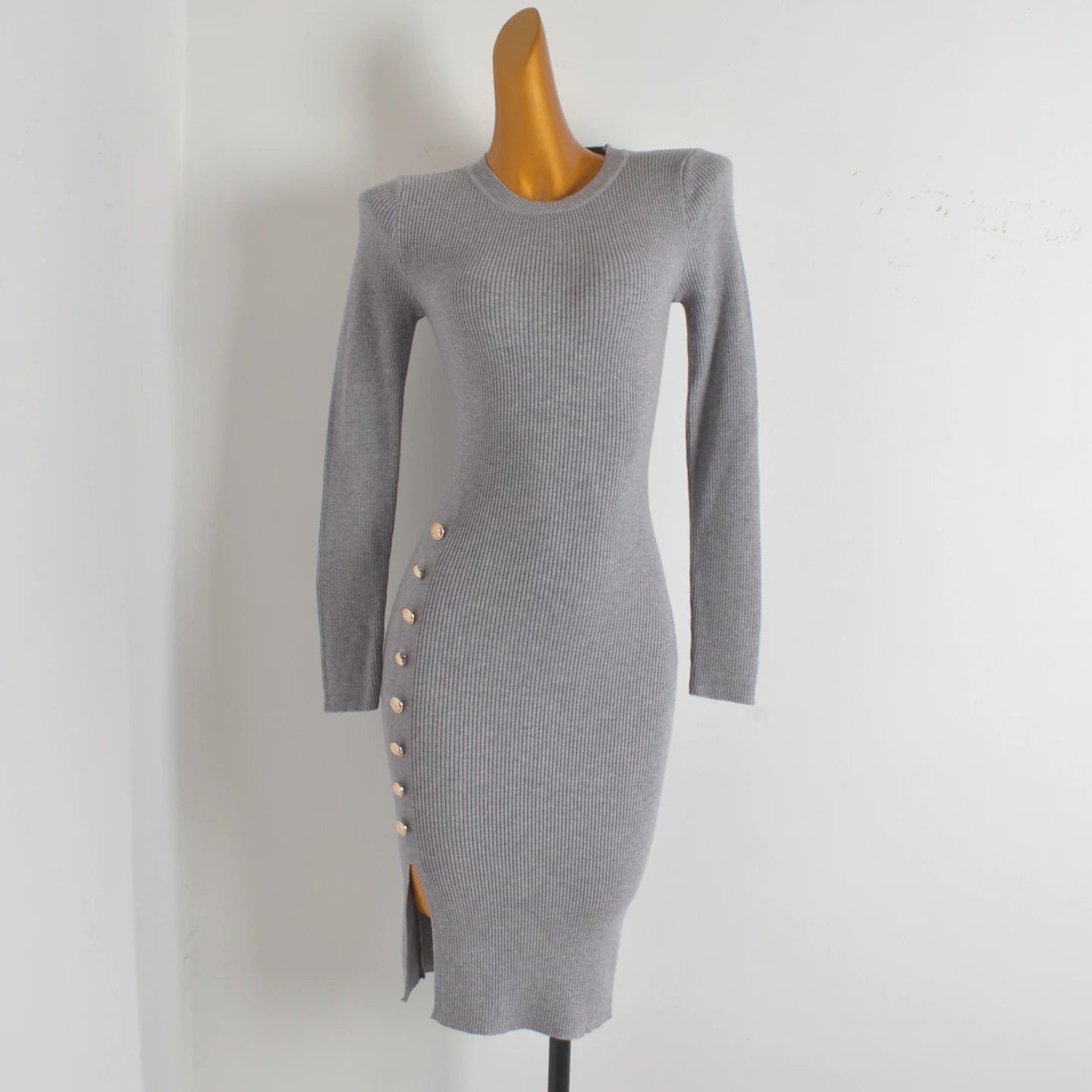 Spring Autumn Knitted Elastic Waist Dress Coat Design Button round Neck Bodycon Skirt Casual Style Long Sleeve Women's Dress