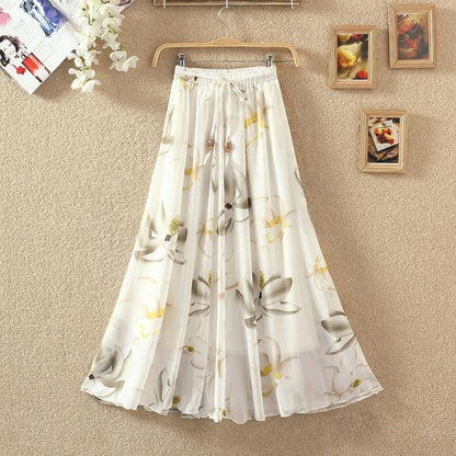 Elegant Chiffon Long Skirts For Women Autumn Casual Women's Floral Print Maxi Skirt Female High Waist Elastic A-Line Skirts