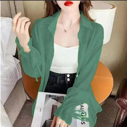 Chiffon Women Thin Shirts Summer Perspective Solid Korean Sun Shirt Long Sleeve Fashion Korean Ladies Top New Sunscreen Clothing