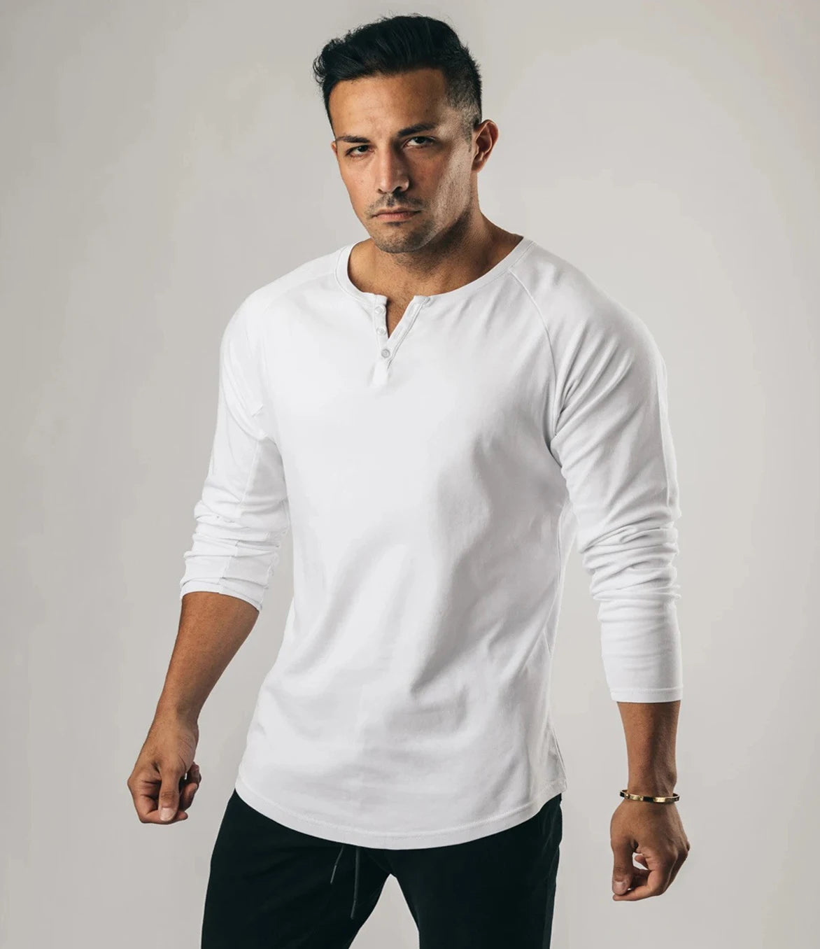 Men Muscle Shirt Long Sleeve T-shirt Solid Vintage Henley Shirts Sports Fitness Casual Cotton Stretch Thin V-neck Tee